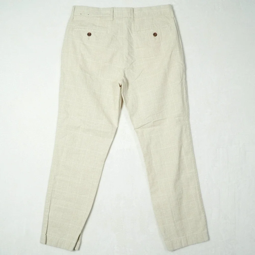 J. Crew Mens 32x30 (Fits 32x28) Straight Linen Cotton Glen Plaid Pants Oatmeal